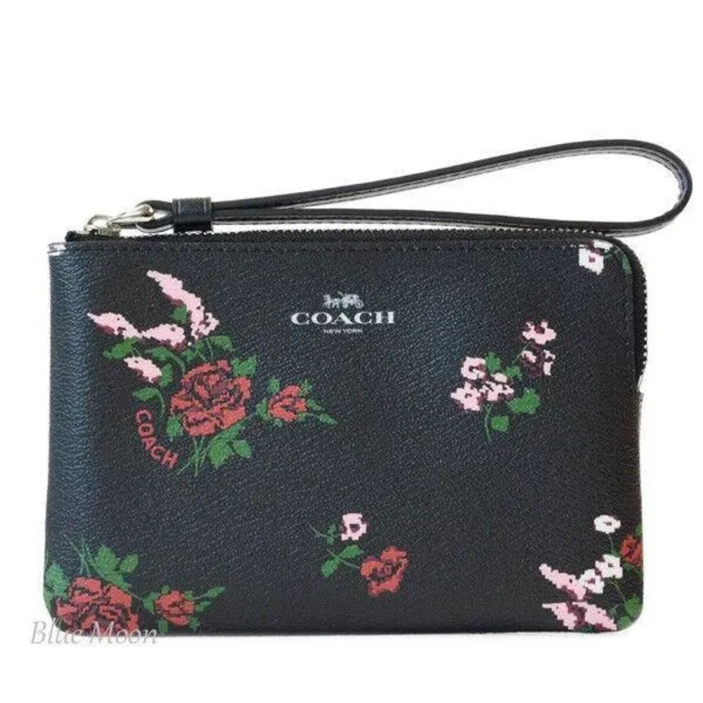Coach Black Wristlet with Red and Pink Floral Design